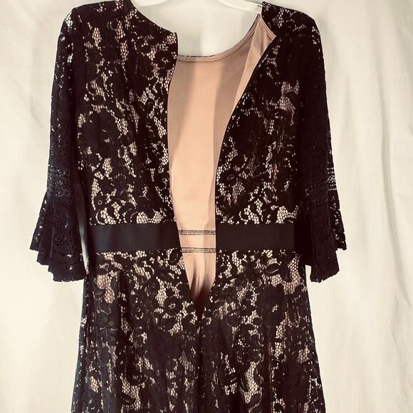 Miss May Womens Dress Medium Black Floral Lace Tan Lining Flare Sleeves A Line - Picture 15 of 16